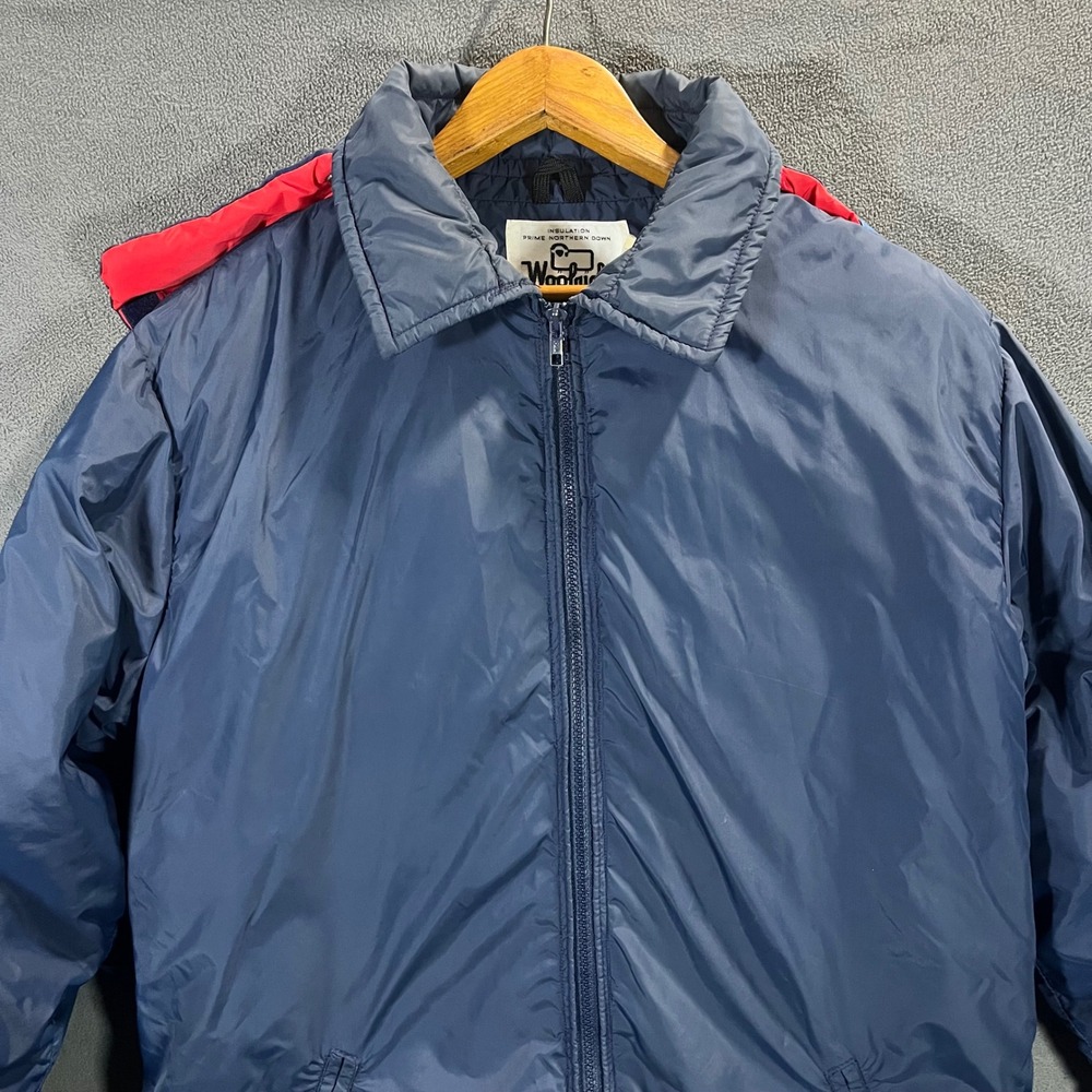 Woolrich Vintage Down Puffer Jacket Navy Blue Detachable Hood Mens Large